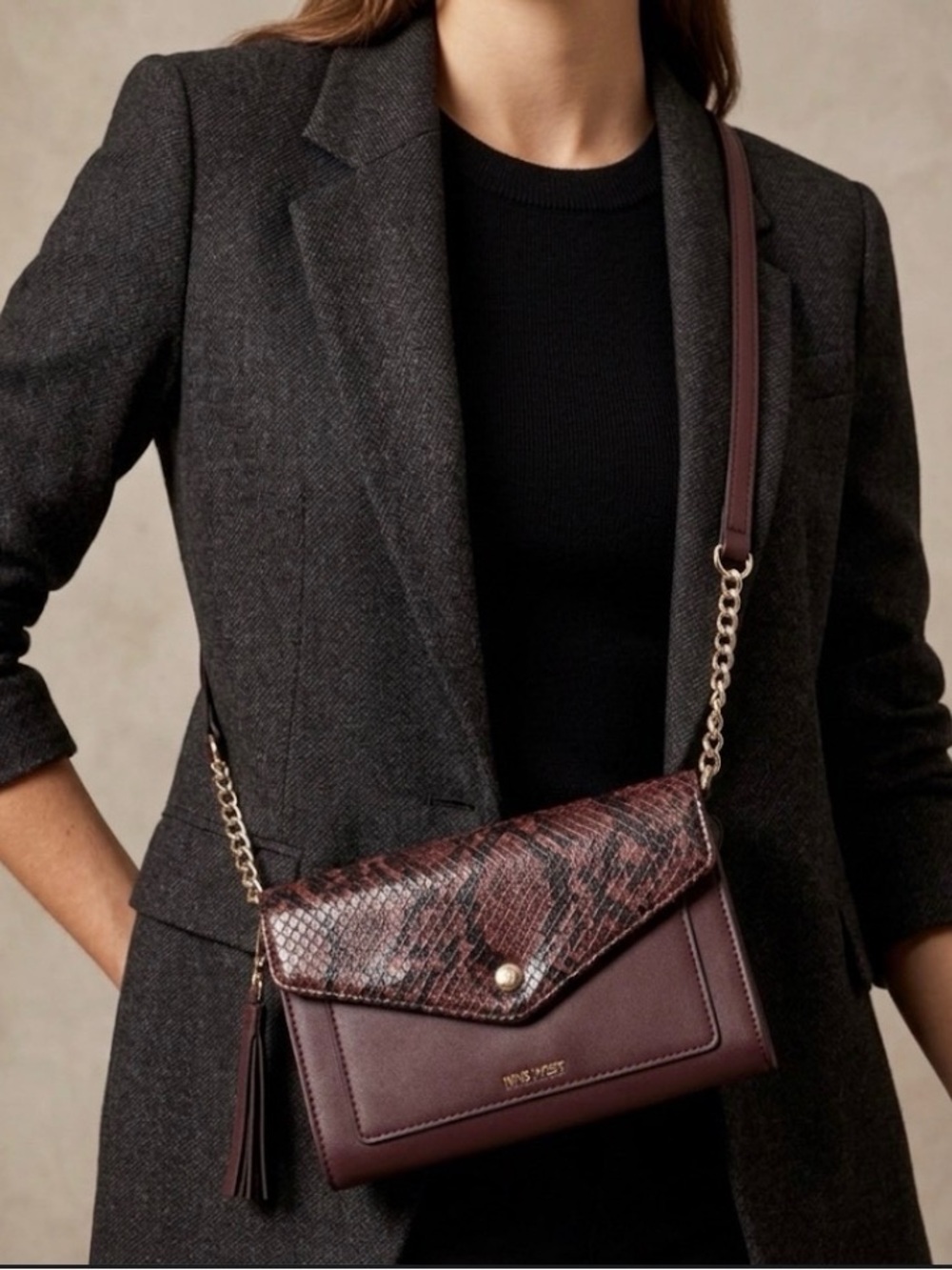 Nine West Burgundy Snake Print Crossbody Bag